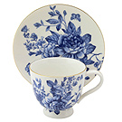 Blue and White Teacups and Saucers - Peony Flowers